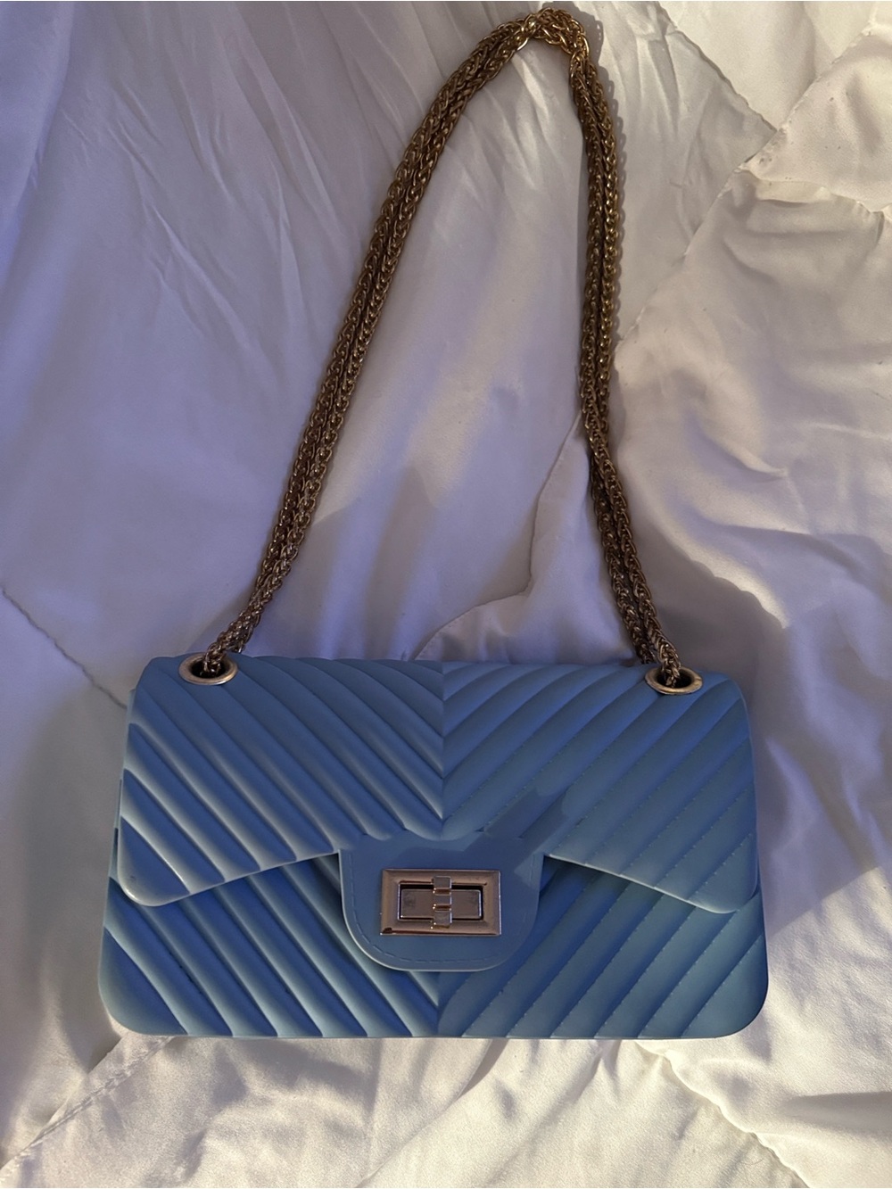 Blue Quilted Chain-Handle Shoulder Bag